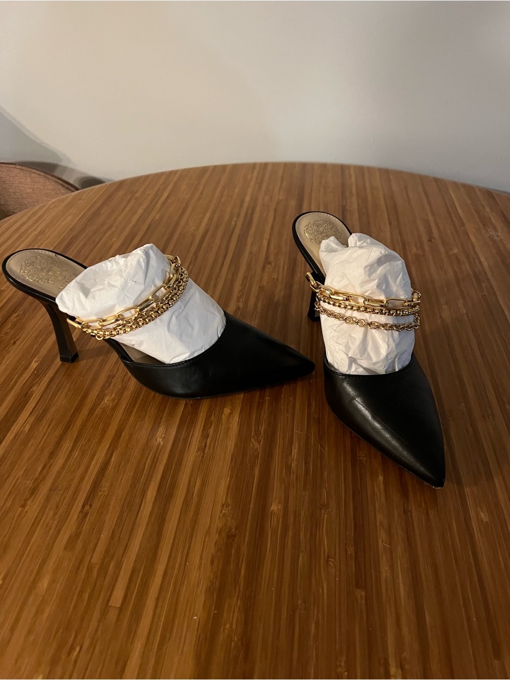 Black Pointed Toe Mule Heels with Gold Chain Detail